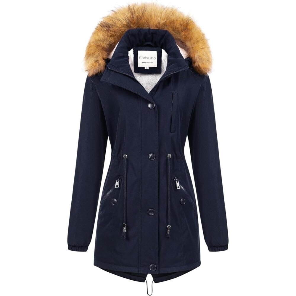 Women's Navy Blue Insulated Jacket Soft Fleece Snow Faux Fur Coat